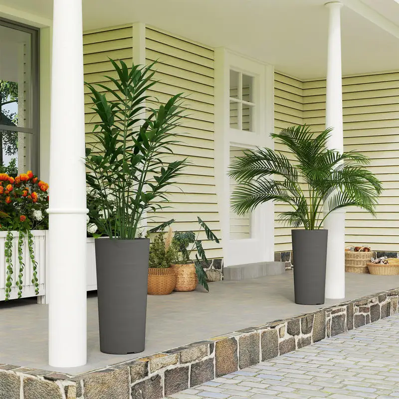 Lot de 2 pots de plantes empilables, jardinières hautes en plastique, bac intérieur et trous de drainage, 35x60cm, gris
