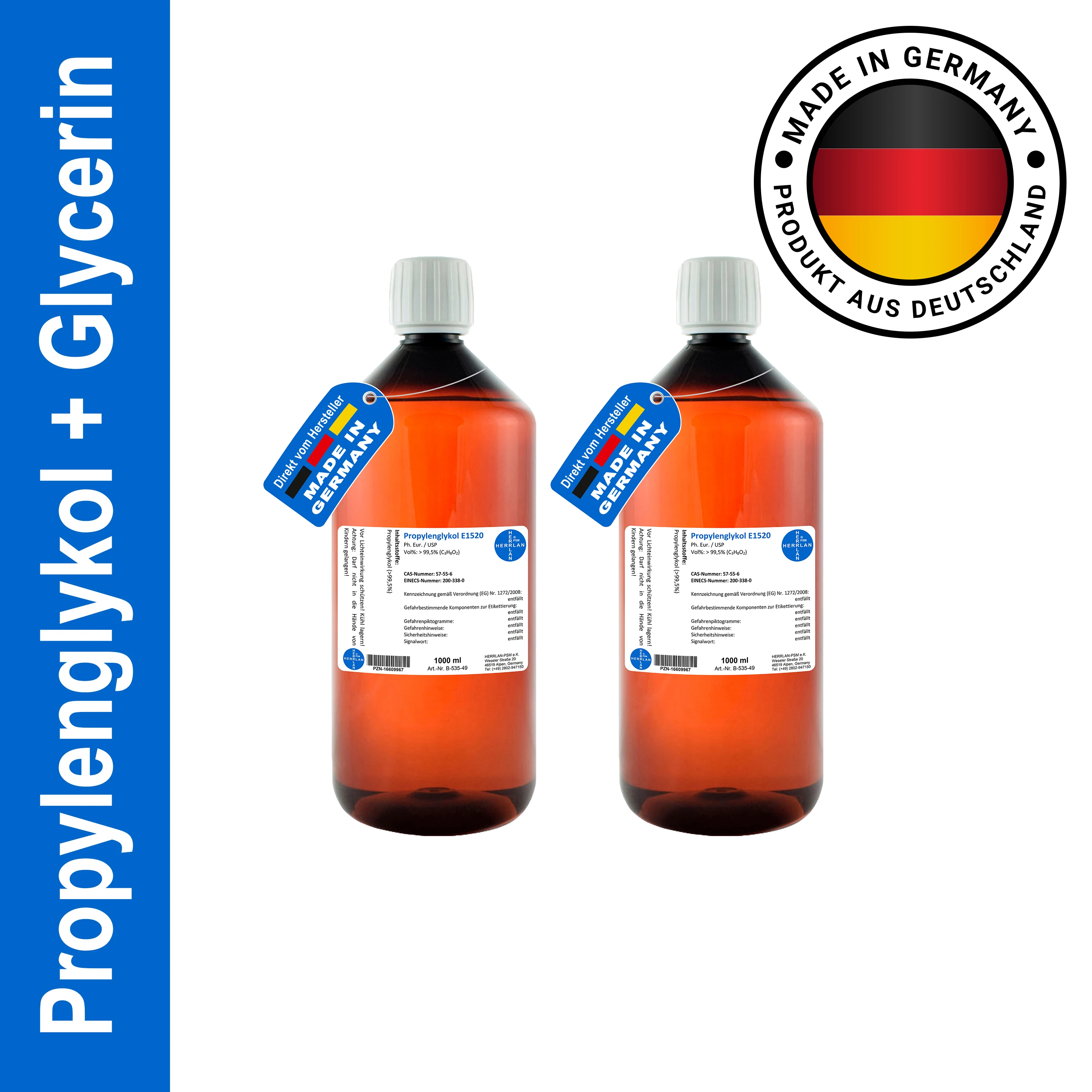 HERRLAN® Glycerin 99,5% + Propylenglykol 99,5% – 2 x 1000 ml Set in höchster Pharmaqualität - Für Cremes, Lotionen, Gels
