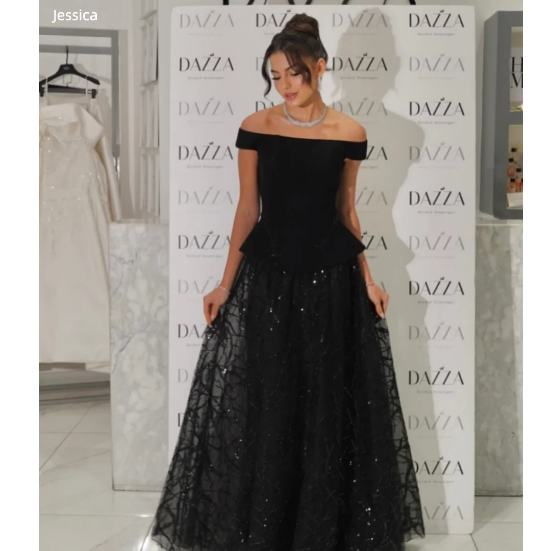 

Jessica Elegant Black Evening Dresses Shimmering Tulle Prom Dresses Off-the-shoulder A-line Formal Occasions Party Dresses