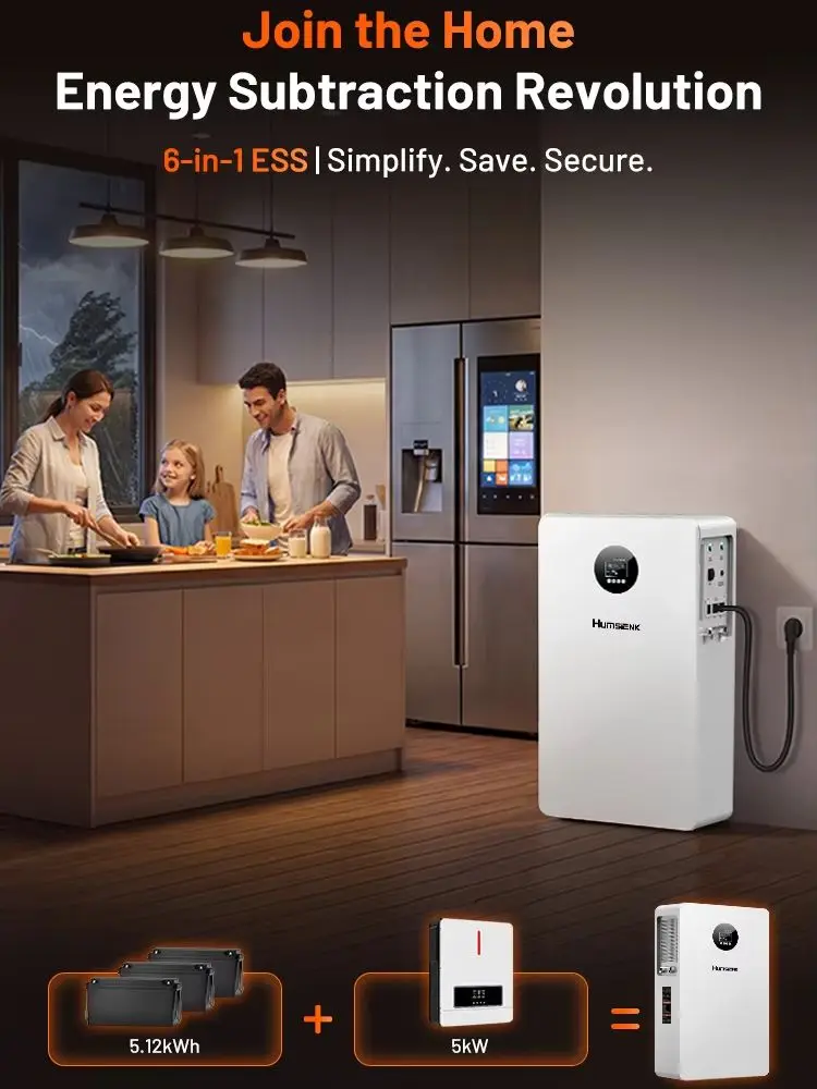 Humsienk 5,12kWh All-in-One Energiespeichersystem mit 5KW Solar-Wechselrichter Reiner Sinuswellen-AC220V-Ausgang, 160A MPPT Solarladegerät, PV Max 500V Eingang, für Zuhause/Büro