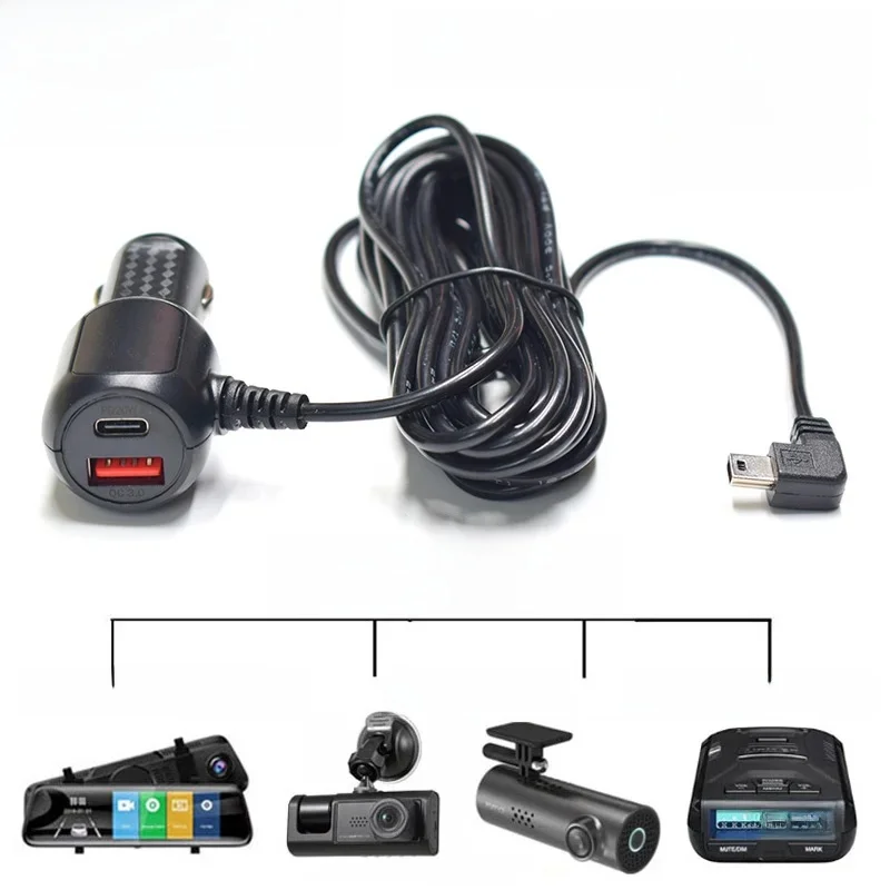 Szybka ładowarka samochodowa 5V 3A Type-C USB QC3.0 z portem Micro Mini Type-C do kamery samochodowej, detektora radarowego, GPS, kamery DVR, 3,5 metra — zdjęcie 2