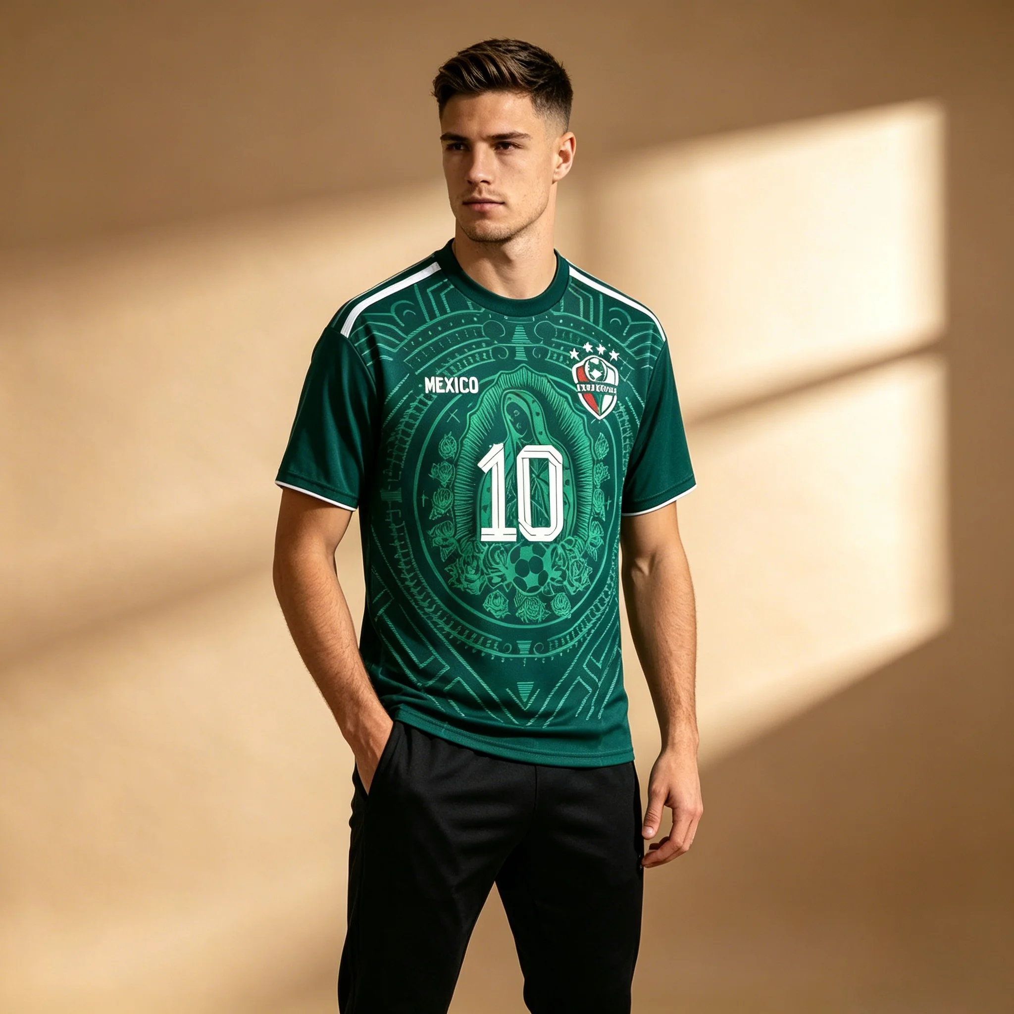 Herren Mexiko Nummer 10 Fußballtrikot Grün Azteken Jungfrau Maria Aufdruck Nationalmannschaft Fan Kurzarm-T-Shirt