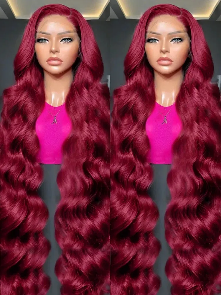 

99j Burgundy 13x6 HD Lace Frontal Wig Body Wave 30 Inch Colored 13x4 Transparent Lace Front Human Hair Wigs For Women 200Density