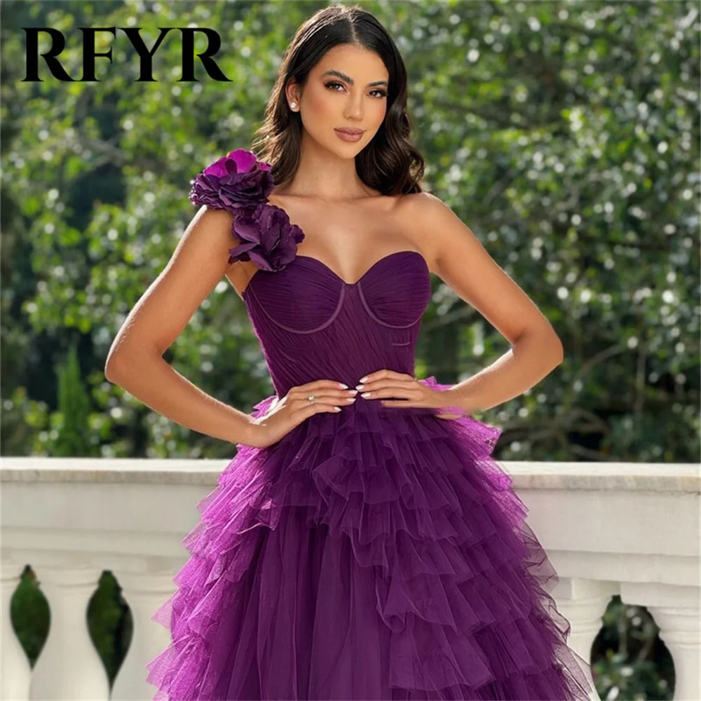 RFYR Grape Exquisite Tiered A-line Evening Dresses One Shoulder Pleat Flowers Prom Dress Morden Vestidos De Fiesta Customized