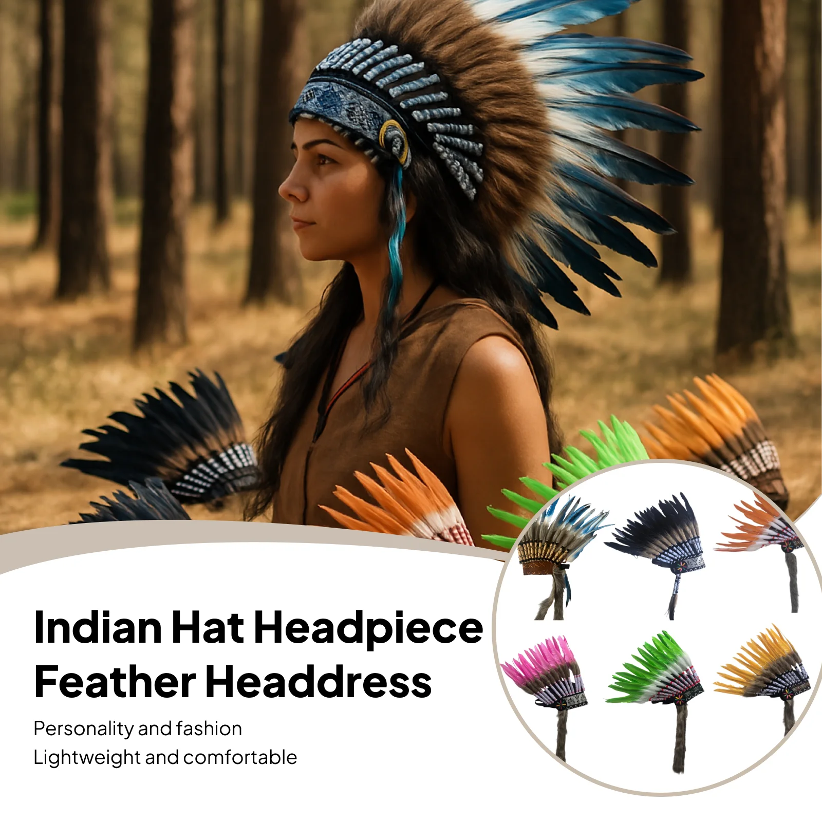 American Chief Indian Native Hat Men Women Artificial Feather Headdress for Carnival Festival Fancy Dress Stage Show Halloween