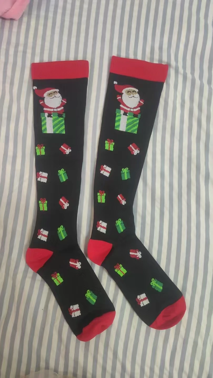 HYSAIXIA Christmas Compression High Stockings Women Men Pressure Socks Compress Sports Pattern Running Knee High Nylon Run Socks photo review