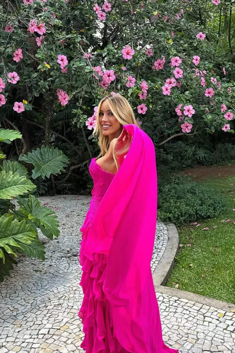 Jessica Sweetheart Abiti da sera rosa caldo Abiti da ballo in chiffon da donna Increspato a strati A-Line Abiti da festa personalizzati