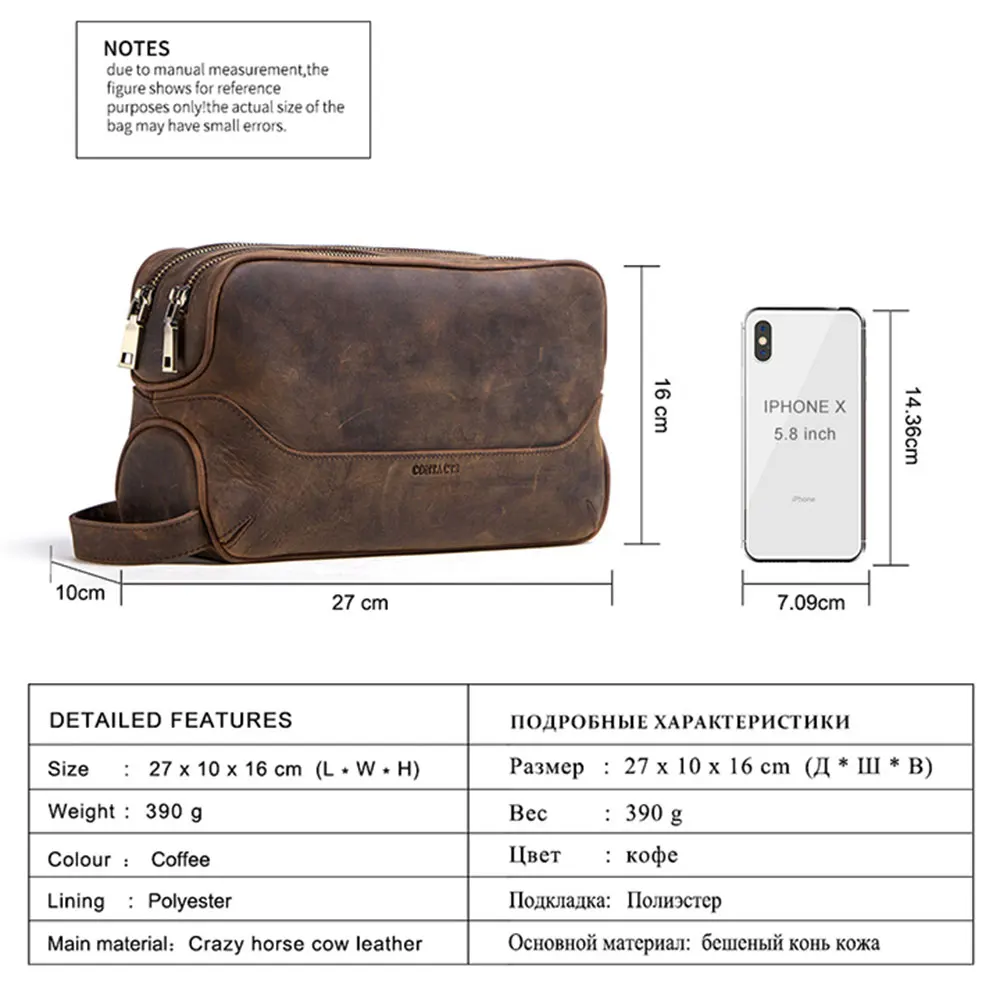 Hiram Luxury Genuine Leather Toiletry Bag Cosmetic Bag with Large Capacity Cosmetic Bags for Men Travel Portable Pouch Zipper