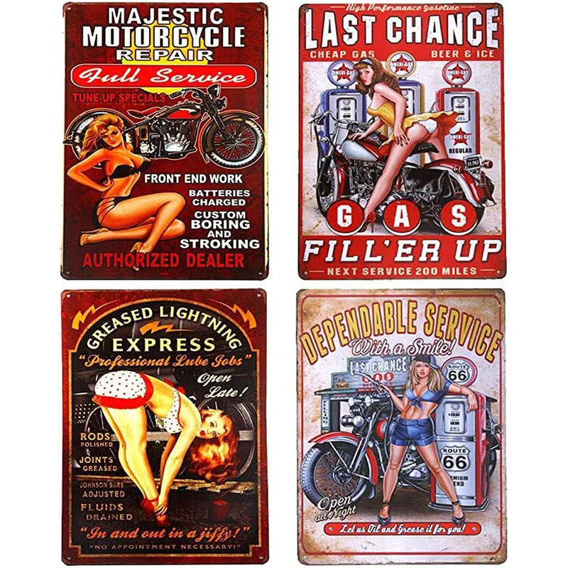 

4pcs/set Pin-up Girl Gas Station Metal Tin Sign, Route 66 Metal Poster, Vintage Tin Sign for Garage Pub Bar Home, 8x12 Inches
