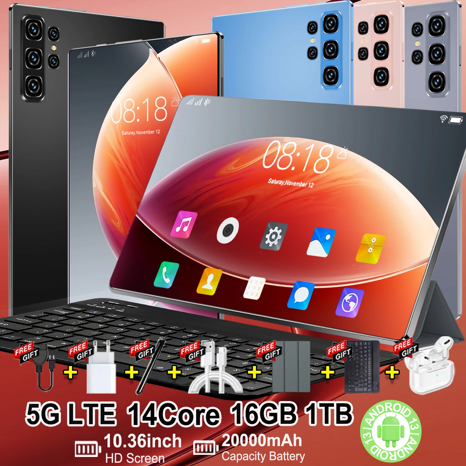 Tablet de alta gama de modelo reciente con sistema Android 13, procesador de 14 núcleos, suficientemente potente, espacio de almacenamiento de 16 GB, batería de gran capacidad en mAh, función 5G, doble SIM, pantalla nítida, apta para uso de adultos y niños.