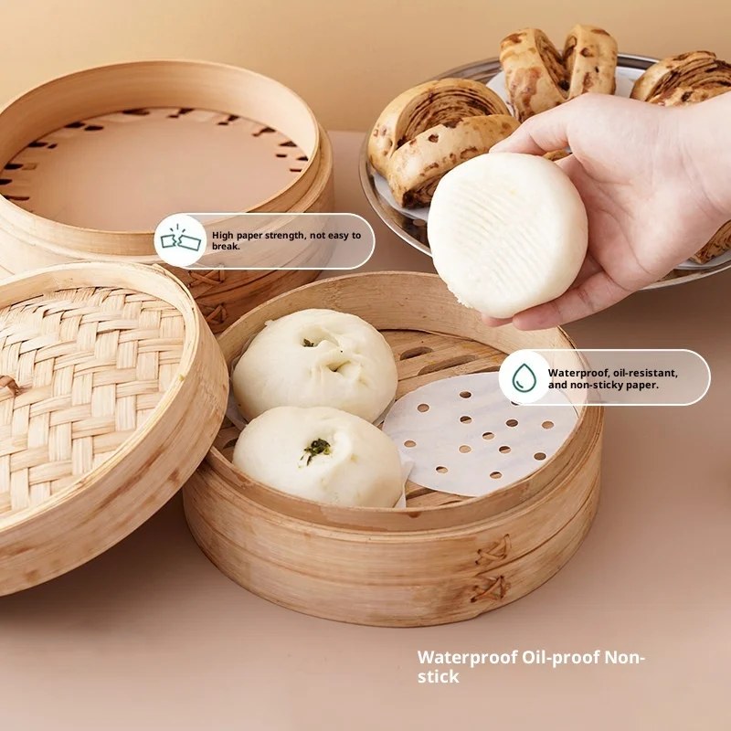 Perforated Steamer Paper Liners Non‑stick Round Parchment Paper For Buns Dumplings Dim Sum Kitchen Baking Accessories