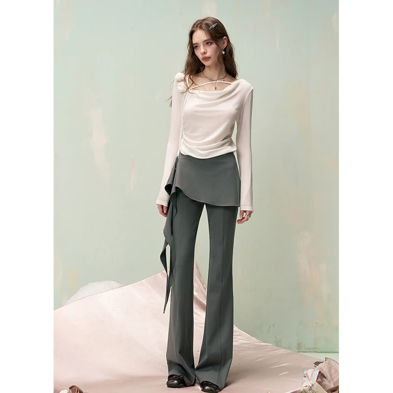 ELFSACK Y2K Flare Pants with Detachable Front Skirt, Stretchy Knit Sweet Trousers, Casual Streetwear Bottoms for Women