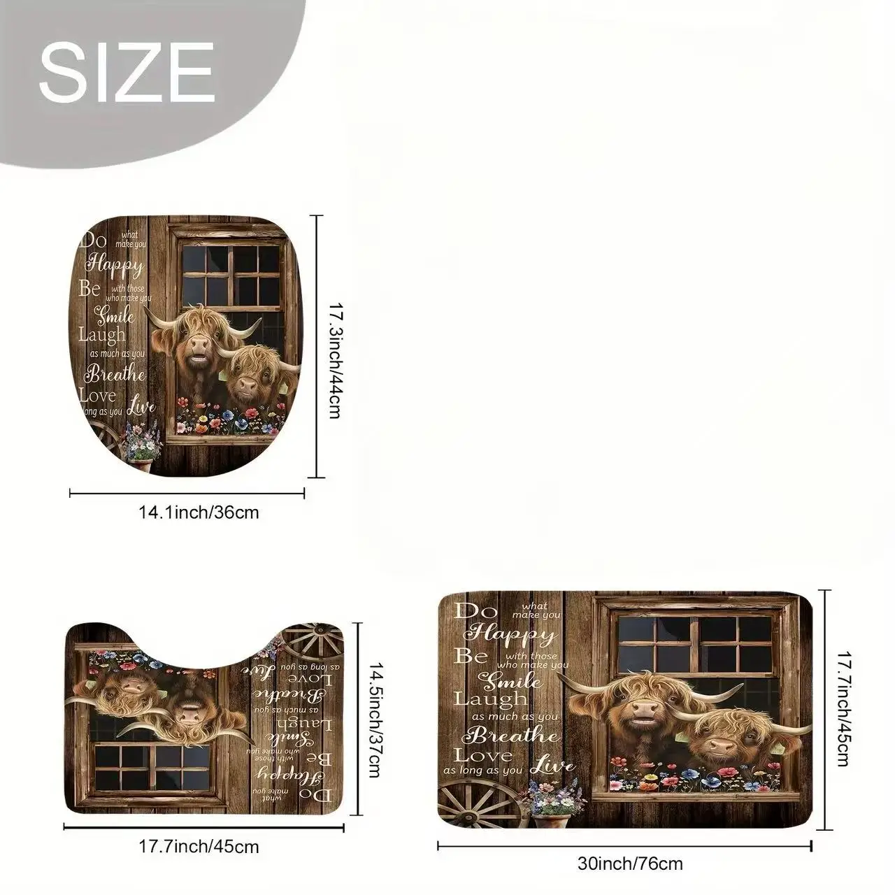 3 Pieces Farmhouse Highland Cow Bathroom Rugs Set, Rustic Wood Window Highland Cattle Inspirational Words Floral Pattern Non‑Slip Bath Mat U‑Shaped Rug Toilet Seat Cover, Country Farm Home Bathroom Decor Gift