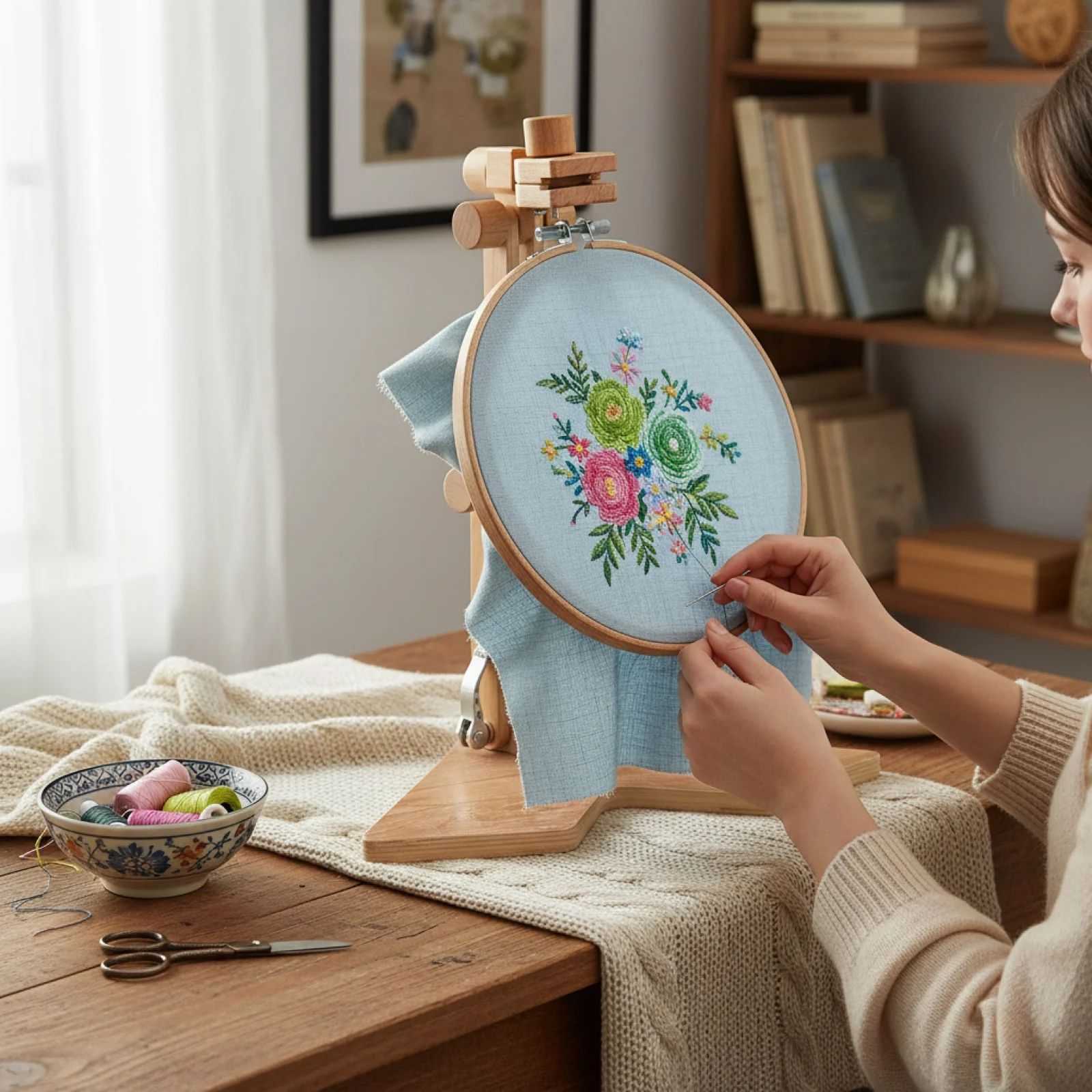 360° Rotation Adjustable Desktop Wooden Embroidery Hoop Sewing Tools Stand Cross Stitch Rack Frames Support DIY Accessories