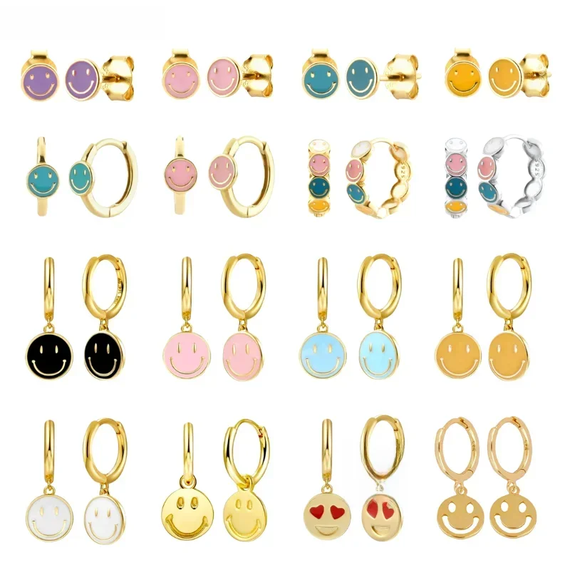 925 Sterling Silver Ear Needle Enamel Smile Face Gold Pendant Earrings Hoop Ear Buckle Party Fashion Jewelry Girl Birthday Gift — zdjęcie 2