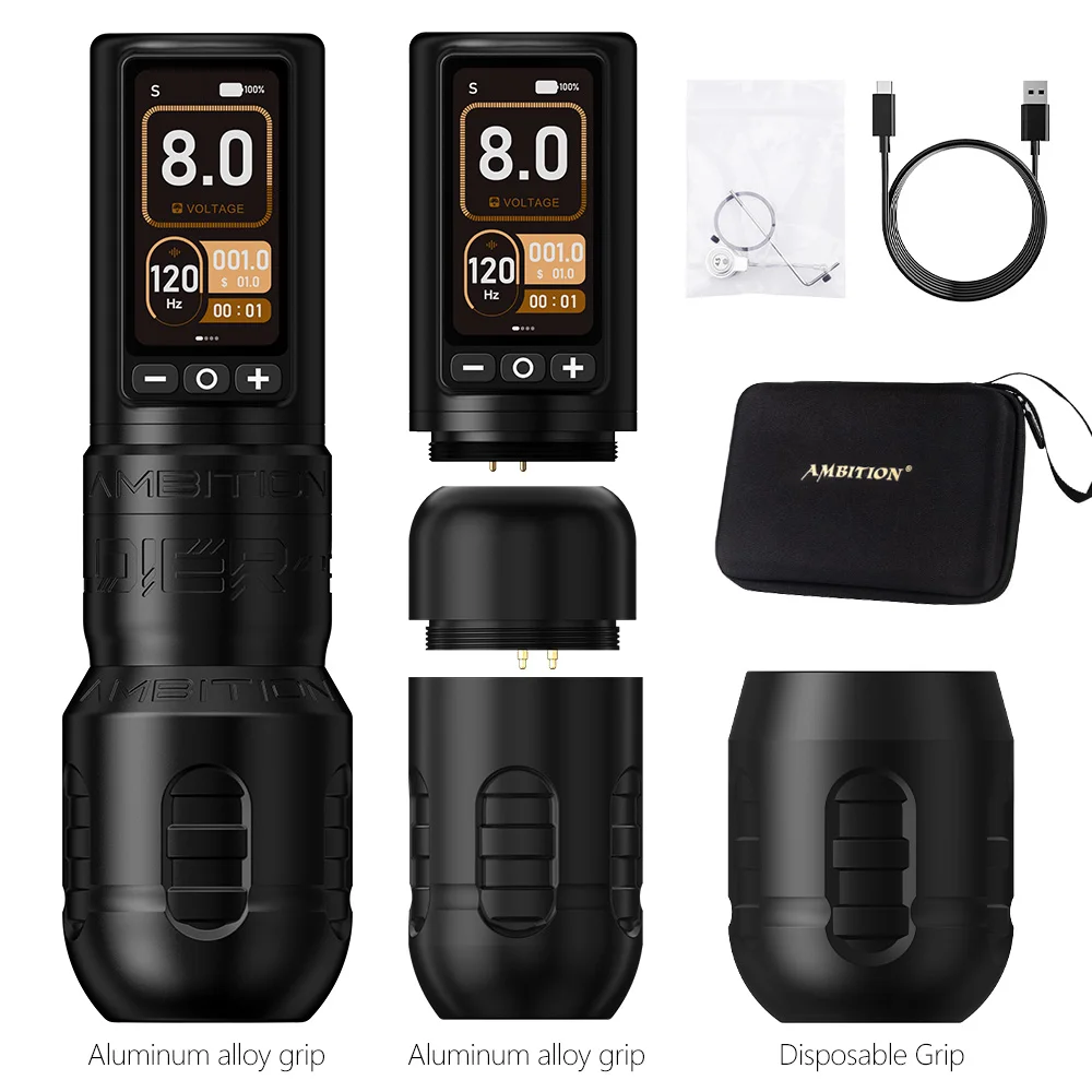 Ambitie Soldaat 270 Draadloze Tattoo Machine 4.0mm + 4.5mm Slag Borstelloze Motor Pen Professionele 2400mAh Batterij grip 34 + 42mm