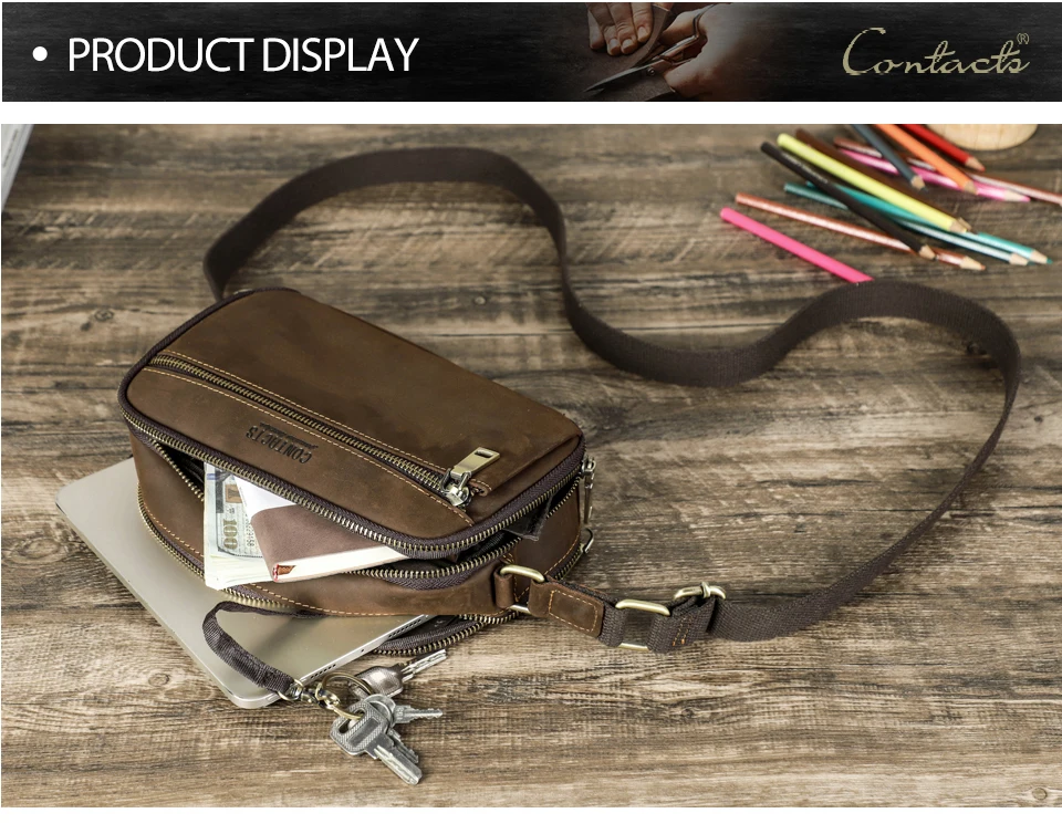CONTACT'S Echtleder Kleine Umhängetasche für Herren, Vintage Crossbody-Schultertasche, Reisehandtasche mit Luxus-Ausführung für Männer – Detail 10