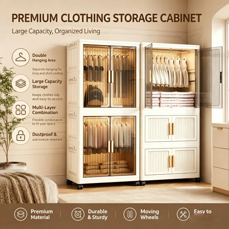 White Foldable Clothing Wardrobe, No Assembly Stackable Portable Plastic Garment Storage Cabinet with Vertical Transparent Dustproof Doors, Built-in Hanging Rod & Elegant Golden Handles, Lockable Silent Rolling Wheels Large Capacity Freestanding Modular