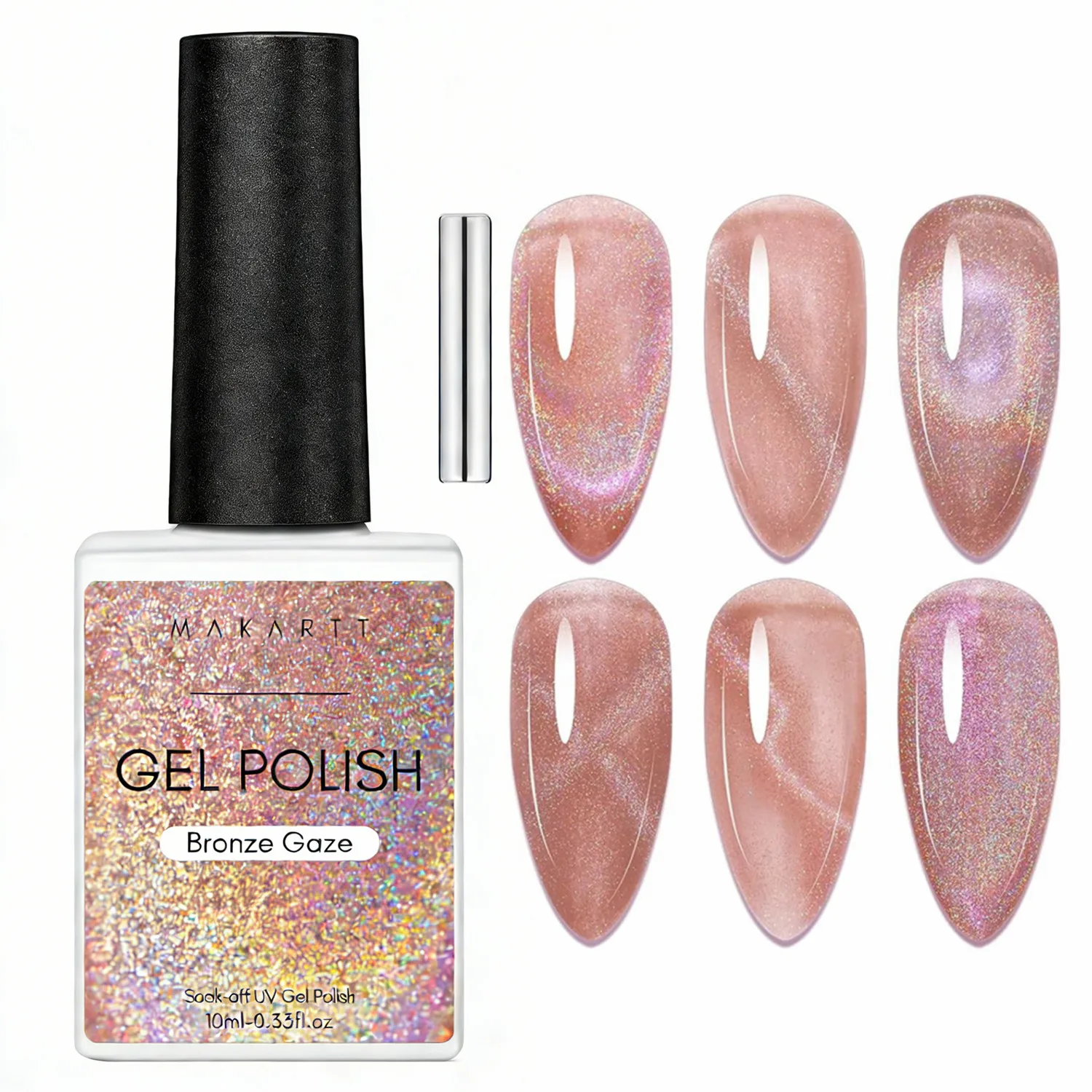 

Makartt Cat Eye Gel Nail Polish: Universal Rainbow Holographic Gel Polish Bronze Gaze Sparkly Glitter Unique Magnetic Effect