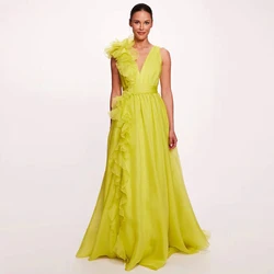 Classic Wedding Guest Dress Green Net Ruffles Ruched Bespoke Occasion Gown A-line V-neck Long Dresses Women's Evening Gowns 2024