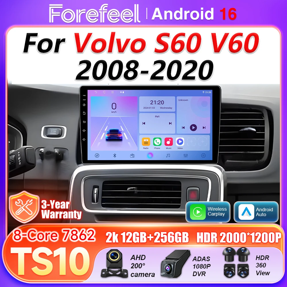 Android 16 Auto Car Radio For Volvo S60 V60 2008 2009 2010 2011 - 2020 Carplay Video Wifi 2din GPS Navigation Multimedia Player