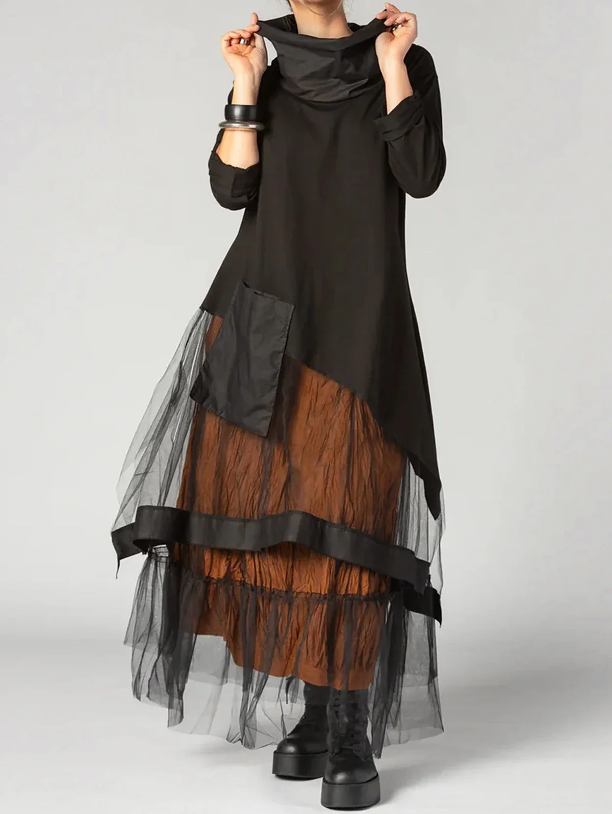 Sukienka damska Plus Size Mesh Dress Transparent Patchwork A-Line Dress Long Sleeve Cowl Neck Casual Vintage High Street Black Dress 2024 — zdjęcie 2