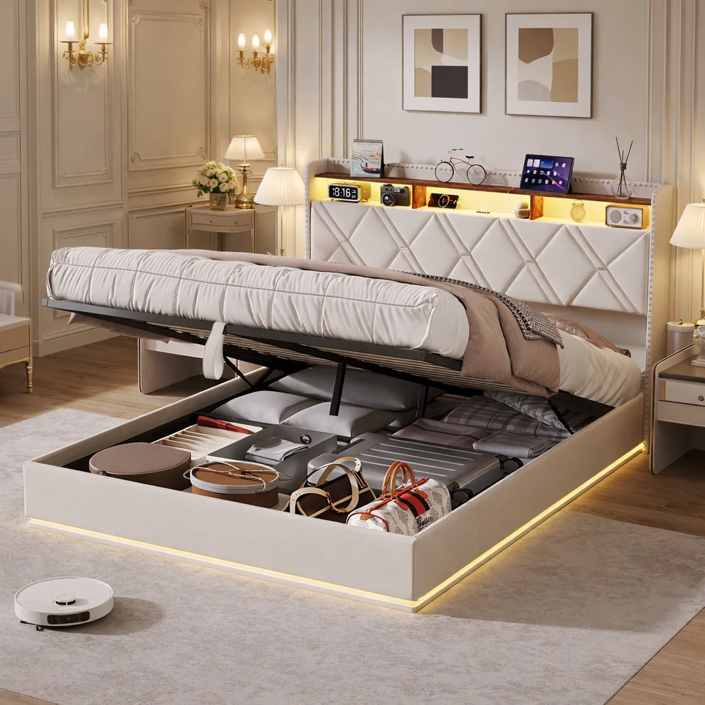 Opbergbed 140x200 cm met hoofdbordplanken, gestoffeerd tweepersoonsbedframe met LED en USB, hydraulisch ottomane bed met lattenbodem, linnen platformbed, boxspring-stijl opbergbed voor tienerkamer,