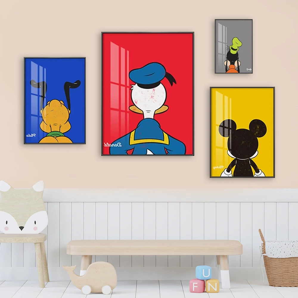 

Miniso Donald Duck Mickey Mouse Cartoon Canvas Painting Disney Character Back Print Poster Wall Art Kindergarten Room Decor Gift