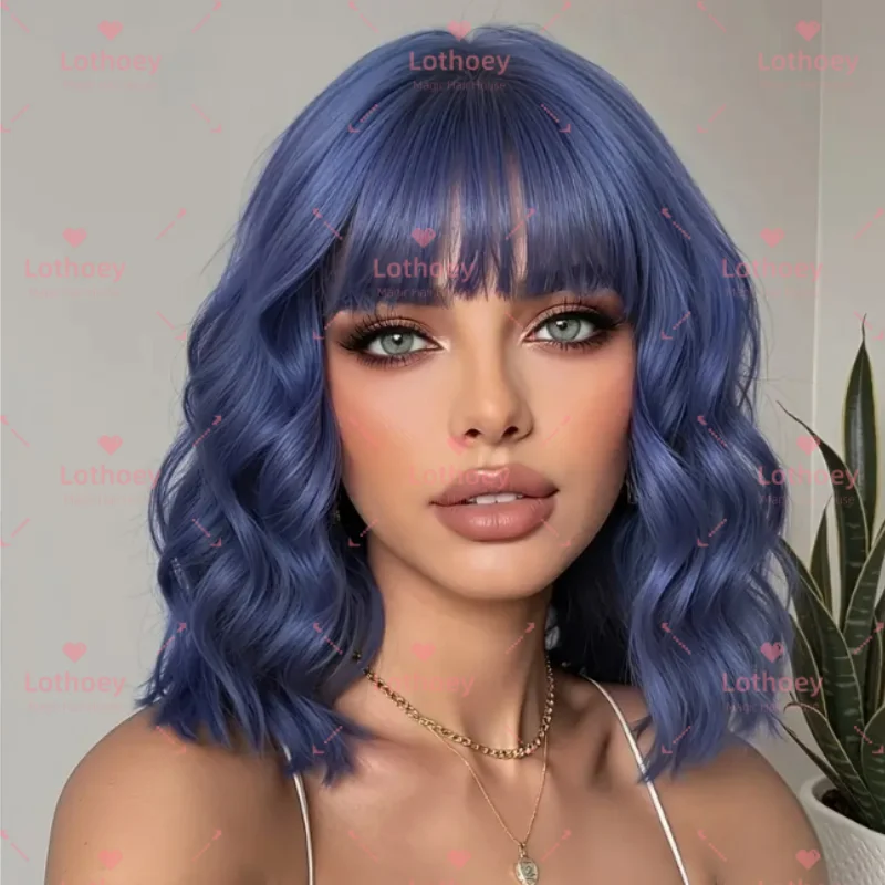 Peluca ondulada con flequillo azul, brillo natural, cómoda, transpirable, ligera, animada, cosplay, festival de música, peluca de cabello humano