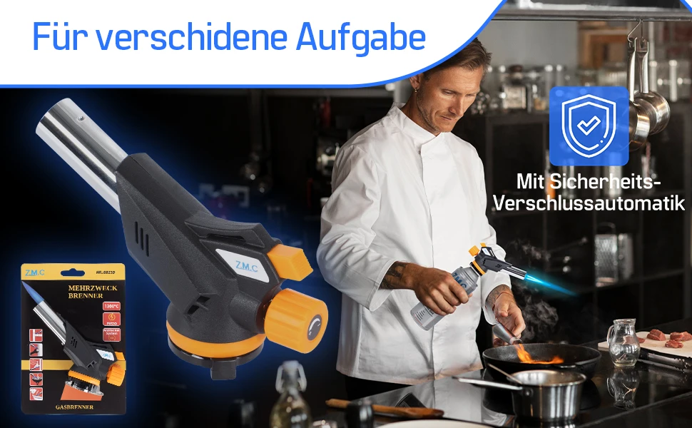 Gasbrenner & Lötbrenner 1,3 kW bis 1300°C inklusive 4x 227g Gaskartuschen | Schweißbrenner mit Piezo-Zündung & einstellbarer Flamme – Küchenbrenner & Handwerk – Detail 4