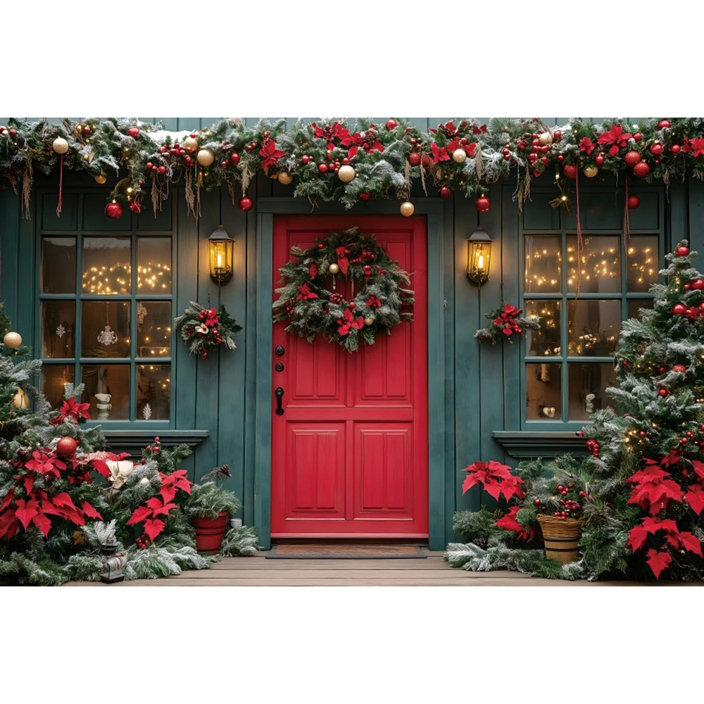 Fond de photographie de Noël d'hiver, arbre de Noël, neige, cadeaux, fenêtre, porte en bois, cour, portrait de famille, studio photo