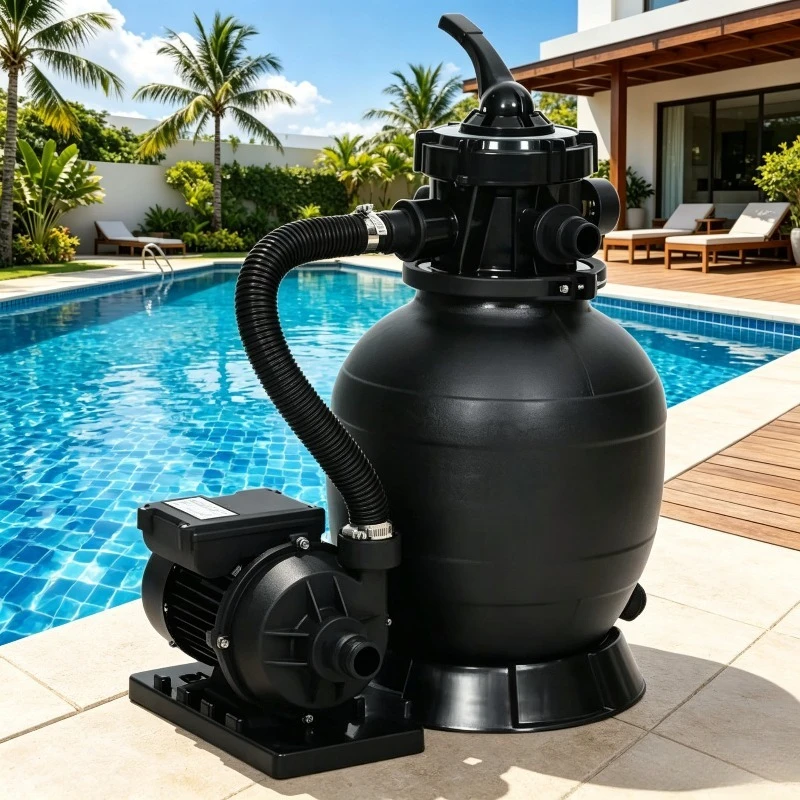 Système de filtration de sable pour piscine hors sol noir avec préfiltre et vanne multiport 6 voies, pompe 400W débit 7m³/h, boîtier robuste en acier/PE avec couvercle de filtre transparent pour un entretien facile.