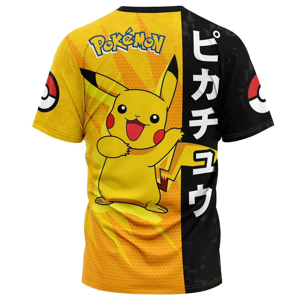 Men's Pokemon Pikachu Split Black Yellow Japanese Pokeball Sleeve Print Crew Neck T-Shirt, Anime Otaku Streetwear Short Sleeve G view 4