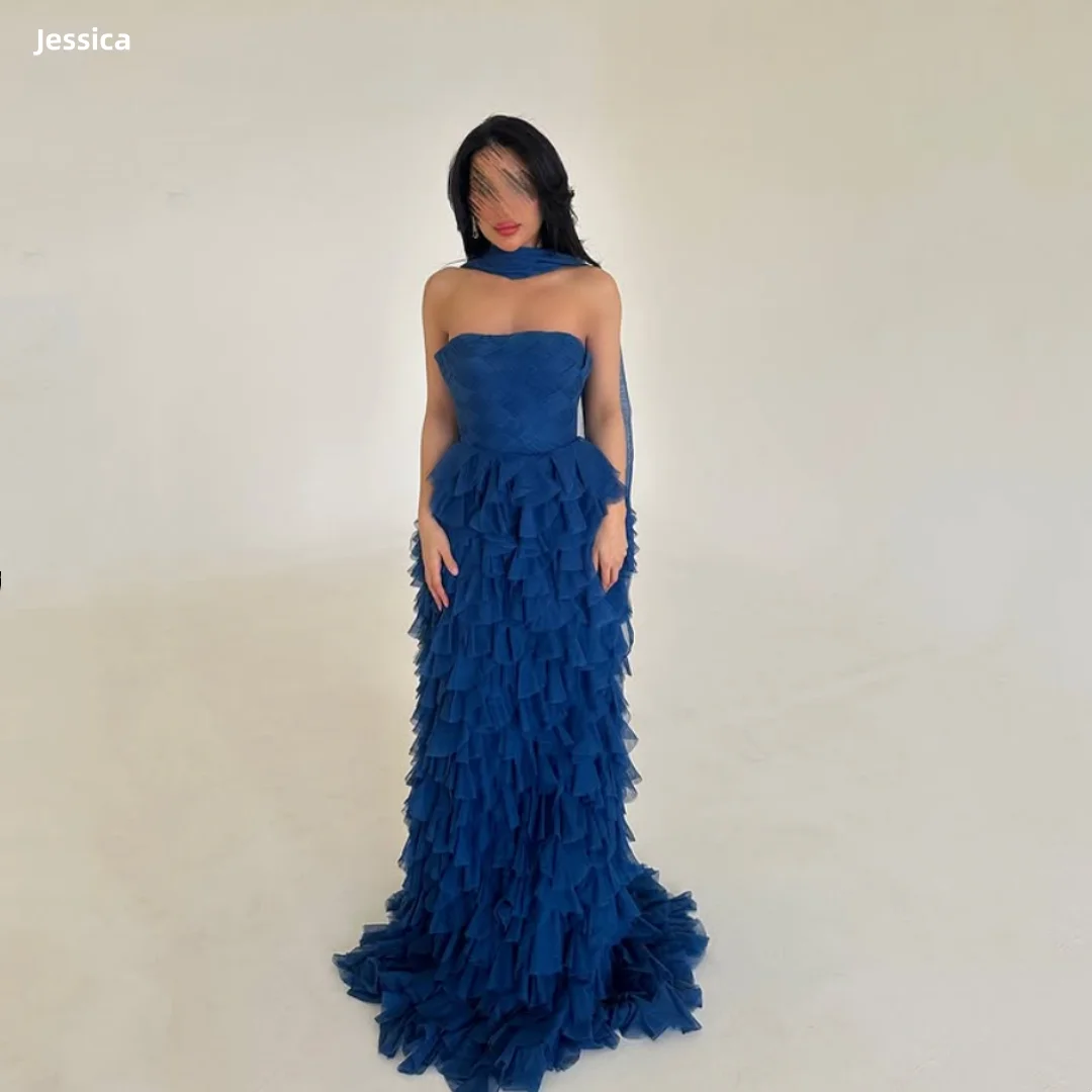 Gaun Malam Jessica Blue Gaun Prom Multi-lapis Sifon Buatan Tangan Gaun Pesta A-line Off-the-shoulder Seksi Dapat Disesuaikan