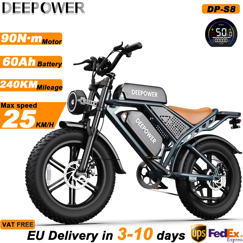 Bicicletta Elettrica DEEPOWER 250W 48V 60AH con Doppia Batteria, Bici Elettrica per Adulti con Pneumatici Fat da 20 Pollici, E-bike per Fuoristrada e Tutti i Terreni