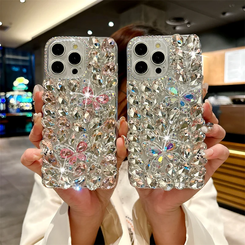 Luxury Crystal Diamond Butterfly Phone Case For iPhone 16 Pro 15 13 14 Pro Max 15Pro Back Cover Shockproof Silicone Cute Cases