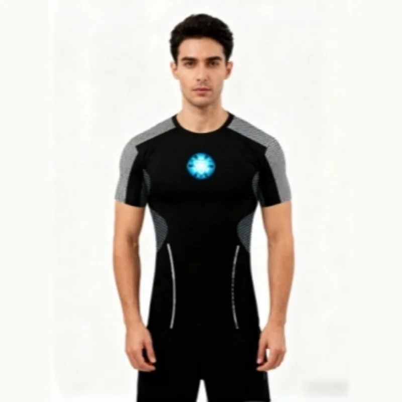 Men Iron Man Arc Reactor Compression T Shirt Quick Dry Stretch Short Sleeve Gym Workout Muscle Fit Tees Running Athletic Sports