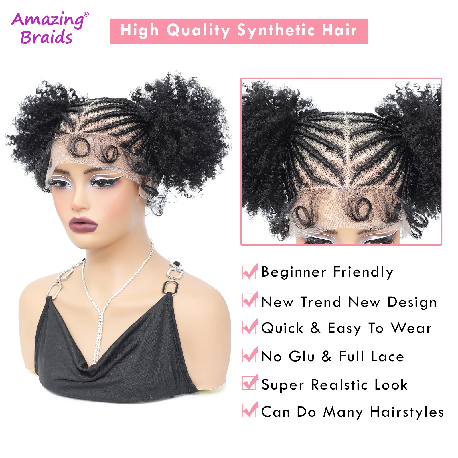 Cornrow Braided Wigs Synthetic Full Lace Bantu Braided Lace Wig with Baby Hair Cosplay Wig for Women Girls Lace Front Braids Wig