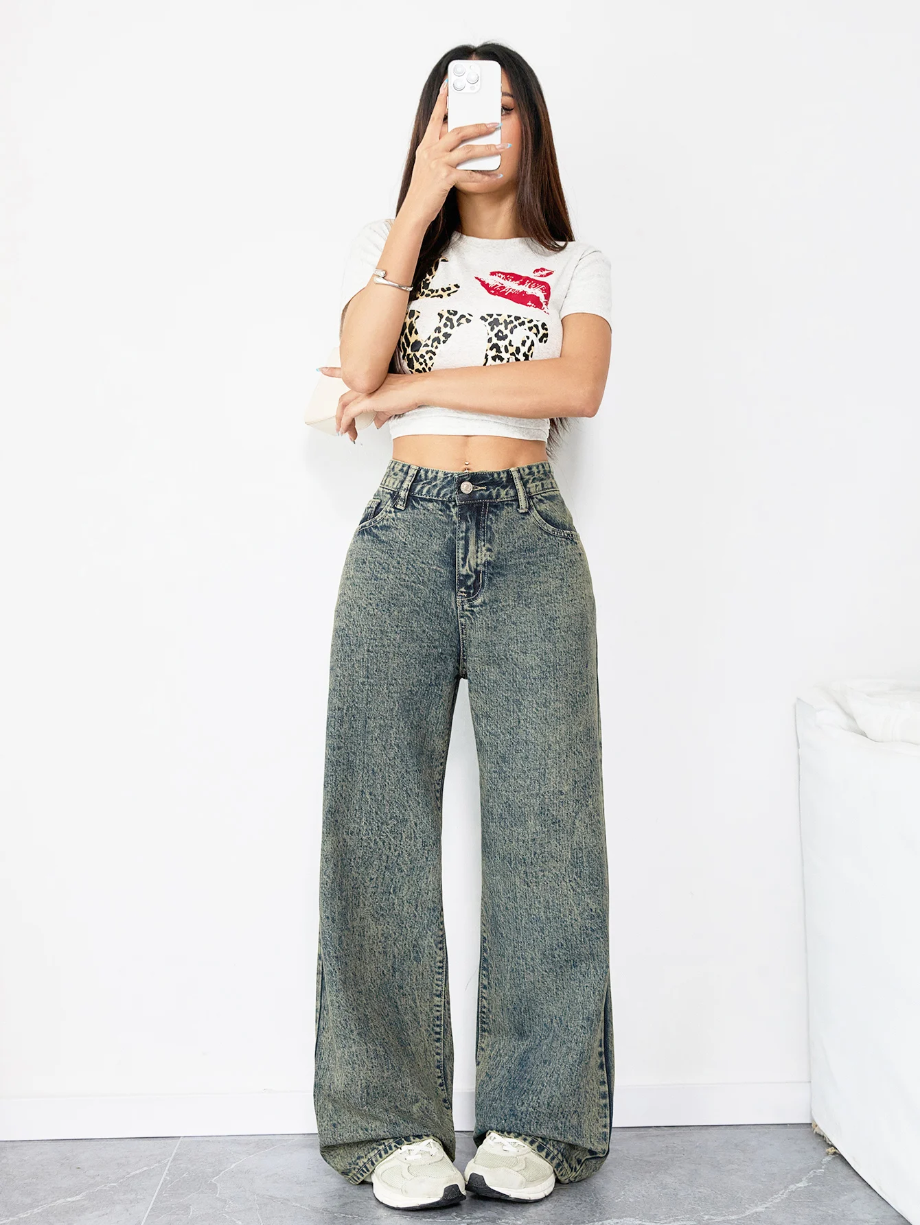 หลวม Fit ขากว้างกางเกงยีนส์ผู้หญิงสูงเอว Casual Streetwear สไตล์วินเทจสบายทุกวันกางเกง