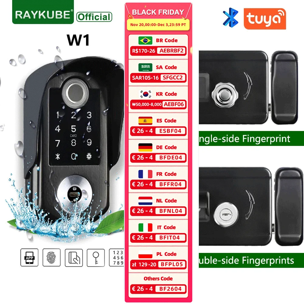 RAYKUBE W1 Tuya Single-side/ Double-side Fingerprint Smart Lock IPX6 Waterproof Digital Electronic Lock For Indoor Outdoor Gate