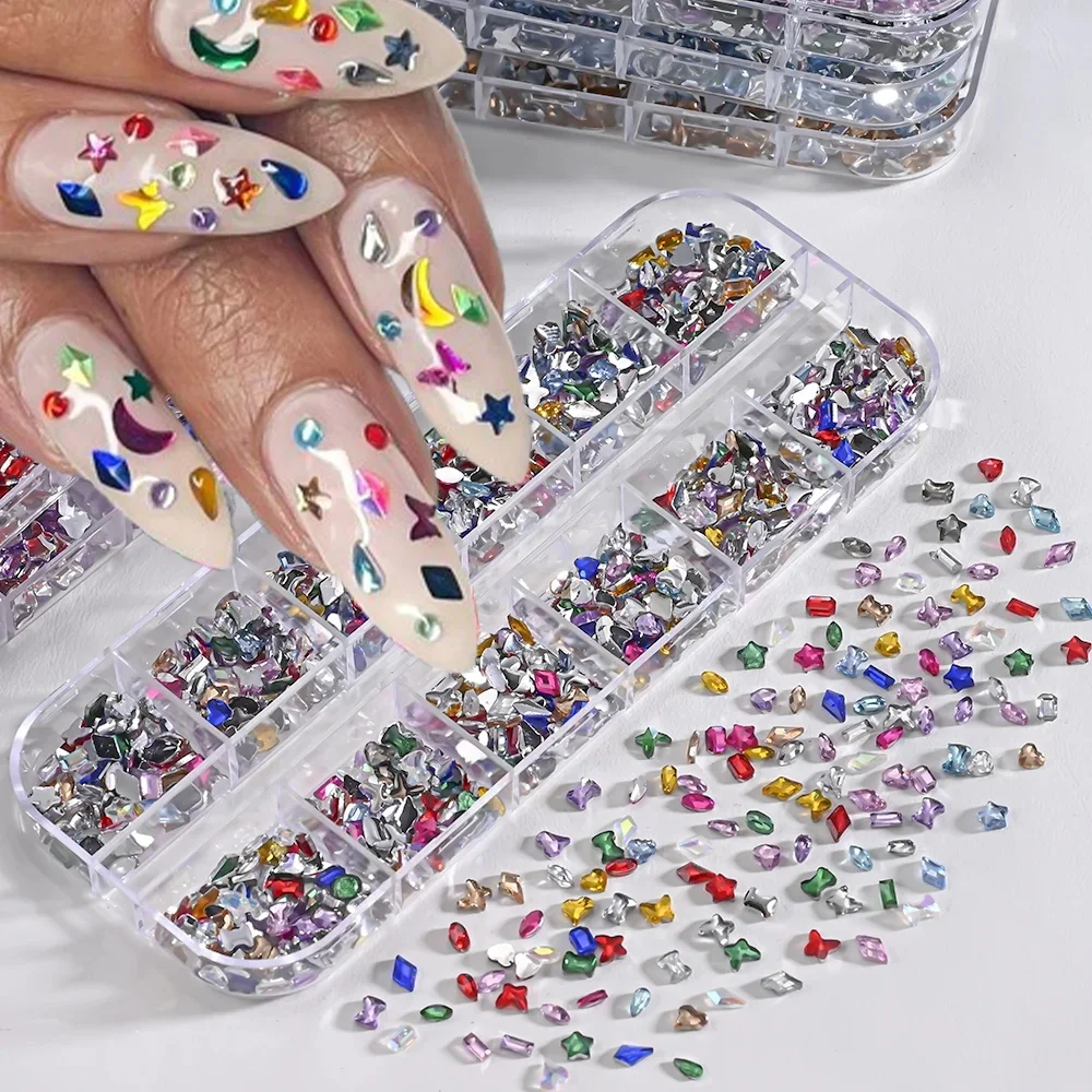 12 grilles 3D colorées Mini résine Nail Art strass mixte étoile/papillon/amour diamants breloques pour ongles bricolage manucure décorations gemmes