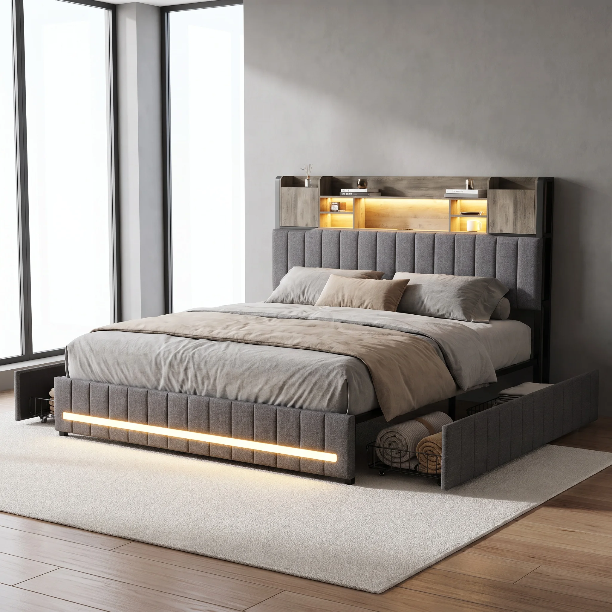 Letto singolo imbottito con 2 cassetti e contenitore, struttura letto con contenitore e testiera imbottita per 2 persone, materasso per letto ospiti non incluso.