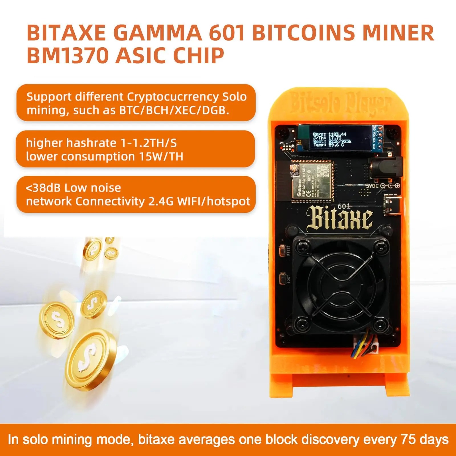 Bitaxe Gamma 601 Solo Bitcoins Miner 1.2TH/s BM1370 Asic Chip 18W BTC Lottery Crypto Miners Asik Bitcoins Mining Machine