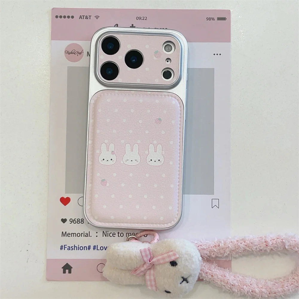 

Simple Polka Dot Line Rabbit Electroplated Phone case for iPhone 17 Pro 13 14 15 16 Pro Max Fundas With Plush Pendant Cute Cover