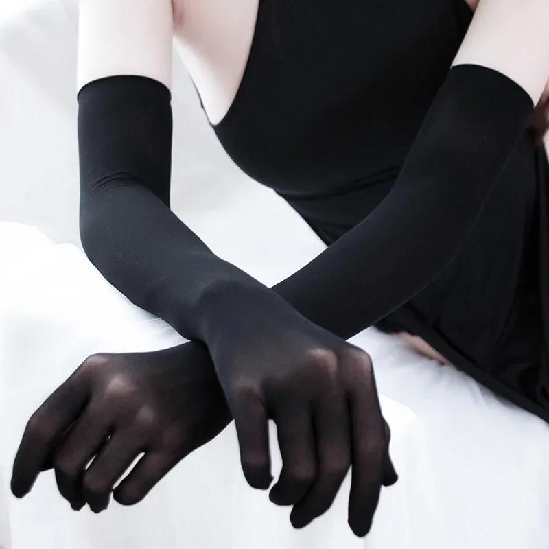Gants longs en dentelle, Sexy, fins, transparents, creux, respirants, sans couture, haute élasticité, solides, pour femmes et hommes, bas blanc et noir