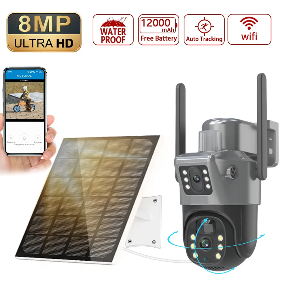 Cámara de seguridad CCTV con alimentación solar, 4K, 8MP, para exteriores, inalámbrica, con conexión WiFi, función PTZ, doble pantalla