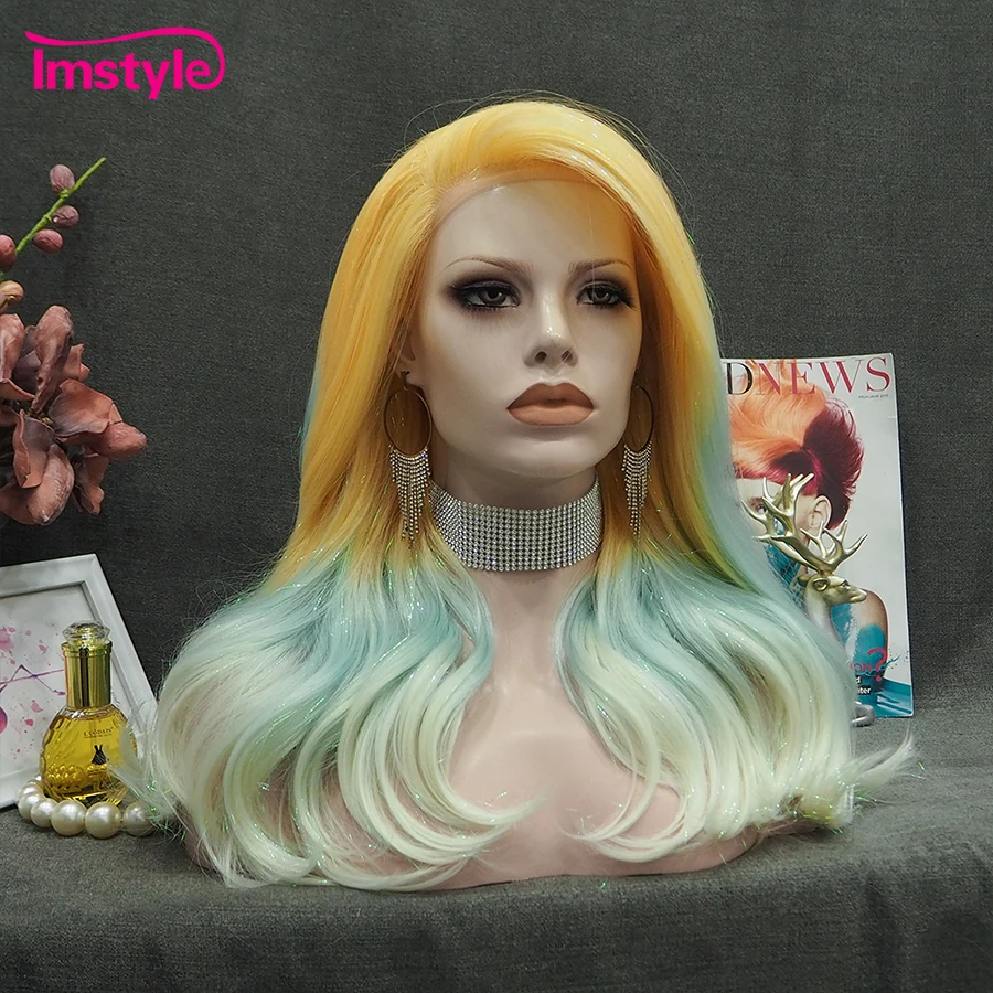 Imstyle Tinsel Wig Yellow Blue Synthetic Lace Front Wig Multicolor Ombre Wig Gorgeous Hair Party Wigs For Women