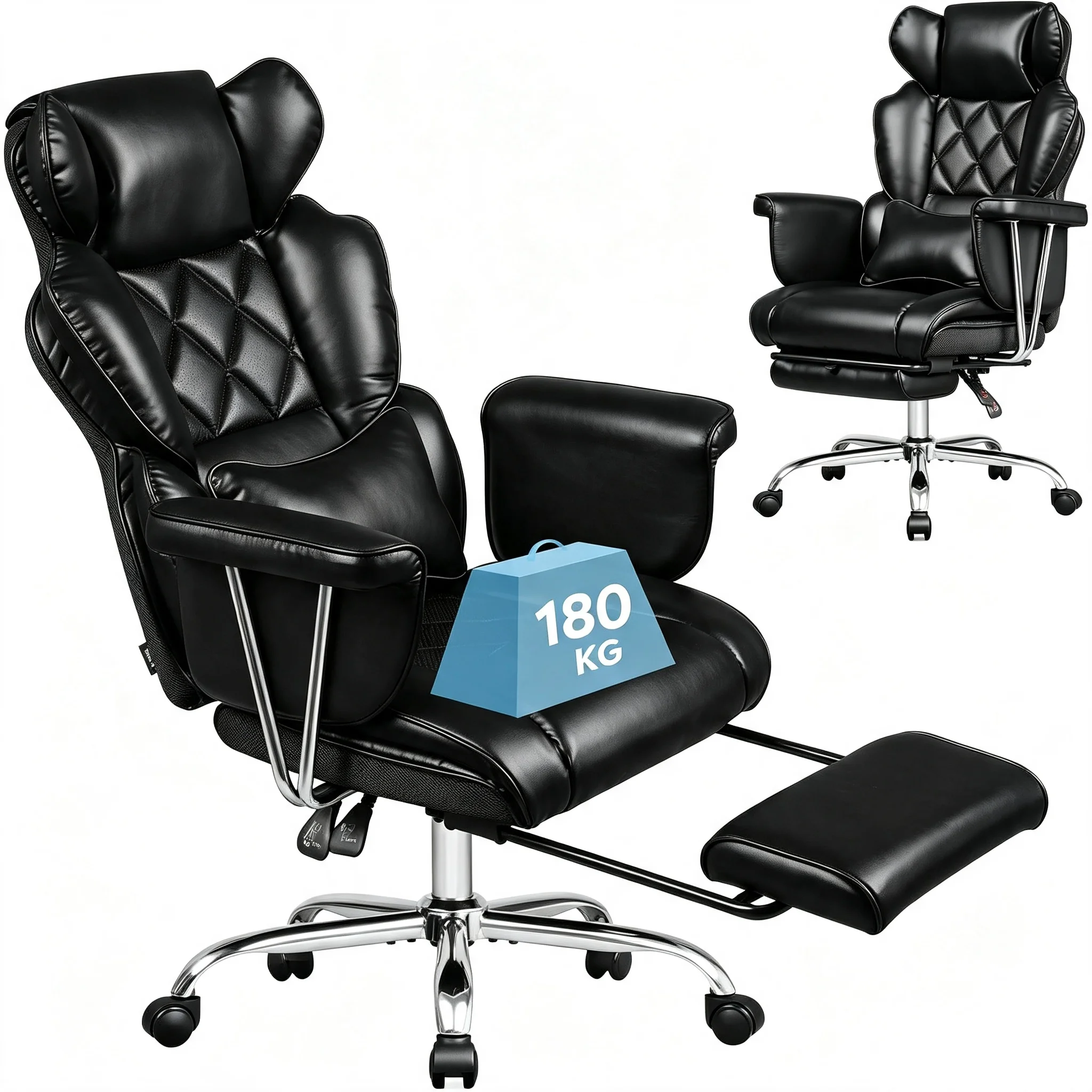 Chefsessel PU Leder, Bürostuhl Ergonomisch Breit mit Fußstütze, Wippfunktion und Winkelverriegelung, Maximaler Neigungswinkel 145° & Höhenverstellbar, Liegestuhl für Büro & Zuhause Schwarz