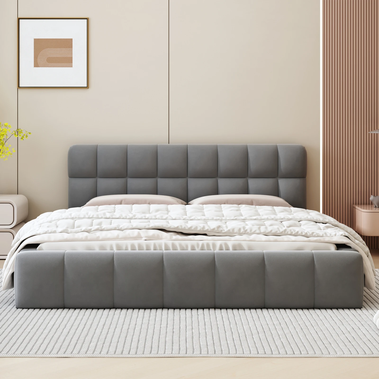 سرير تنجيد حديث من ROSAHQNDA، سرير مزدوج بظهر ناعم، سرير مسطح بحافة مبطنة، قماش كتان، بدون مرتبة