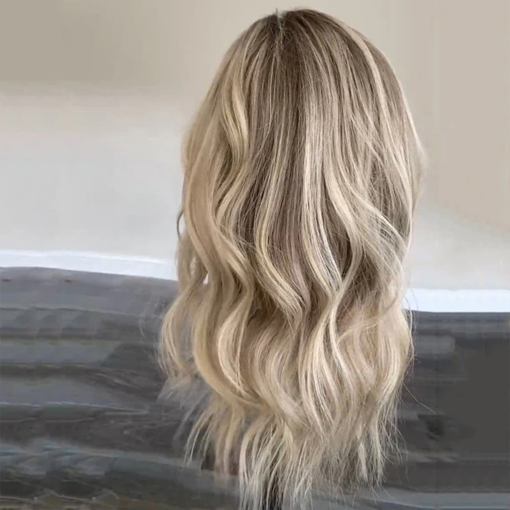 

Ash Blonde Balayage Remy Human Hair Lace Front Wig Slightly Bleached Knots Rooted Full Lace Wig HD 13X6 Medium Length Body Wave